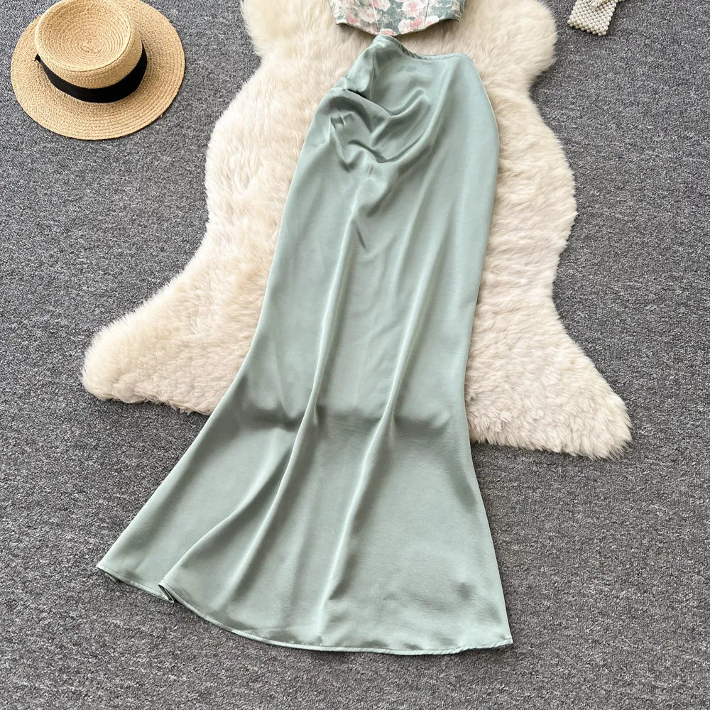 Bow Floral Satin Cami And Mermaid Skirt Set for Women