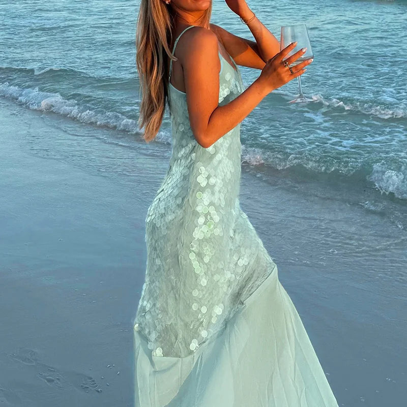 Beach O Neck Pleated Women's Long Dress New Sexy Mermaid Solid Camisole Dress Shiny Sequins Hollowed Out Sleeveless Party Dress