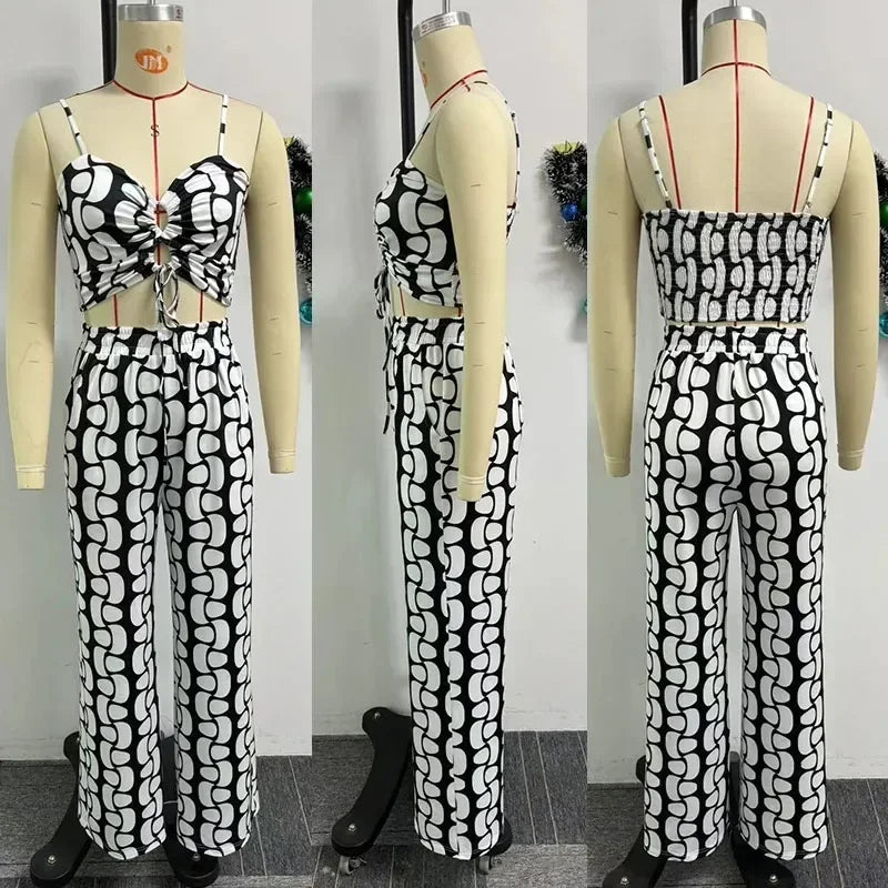 Black White Print 2 Piece Outfit Set Women Clubwear Hollow Out Spaghetti Strap Lace-up Crop Top and Wide Leg Pants Matching Sets