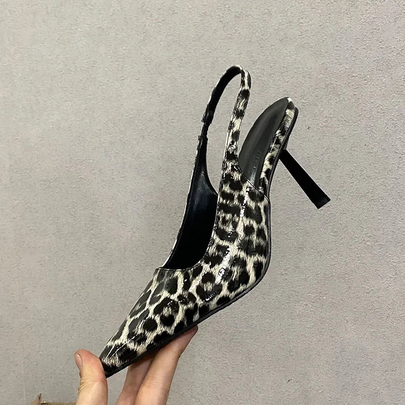 Fashion Pointed Toe Ladies High Heels Sandals Shoes Female Slip On Footwear Leopard Print Women Heeled Sandals Shoes Pumps
