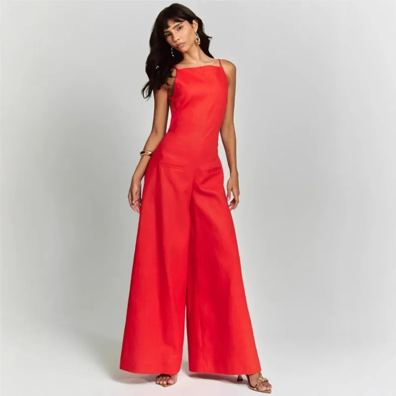 Summer Women's Jumpsuit Long Pants Sleeveless High Waist Wide Leg Ankle-length Pants Solid Color Casual Fashion Women's 2025