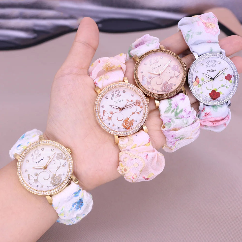 Rose Flower Japan Quartz Lady Women's Watch Elegant Lattice Fashion Hour Bracelet Elastic Watch Band Girl's Gift Julius No Box