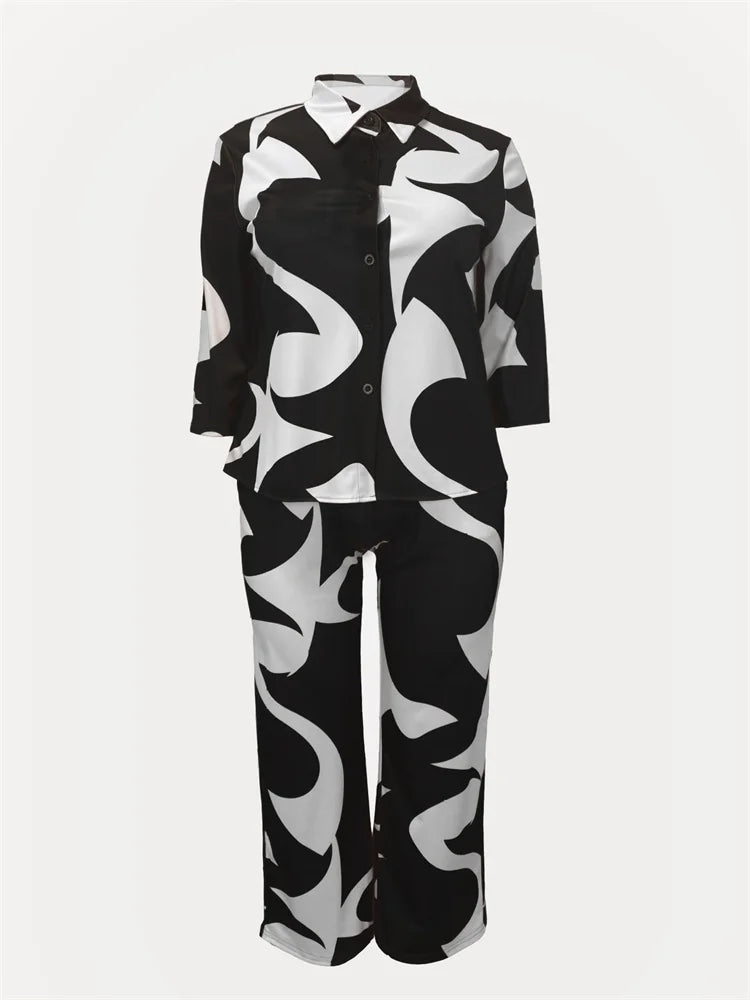 Wmstar Plus Size Two Piece Set Women Wholesale Print Pants Sets Button Shirts Top and Flared Trousers New in Summer 2025
