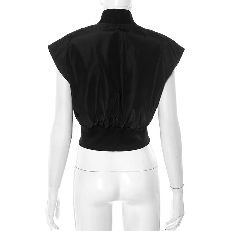Joskaa Casual Black Cardigan Tops Women Hipster O-Neck Sleeveless Zipper Vests Jackets 2025 Summer Outerwear Y2K Streetwear