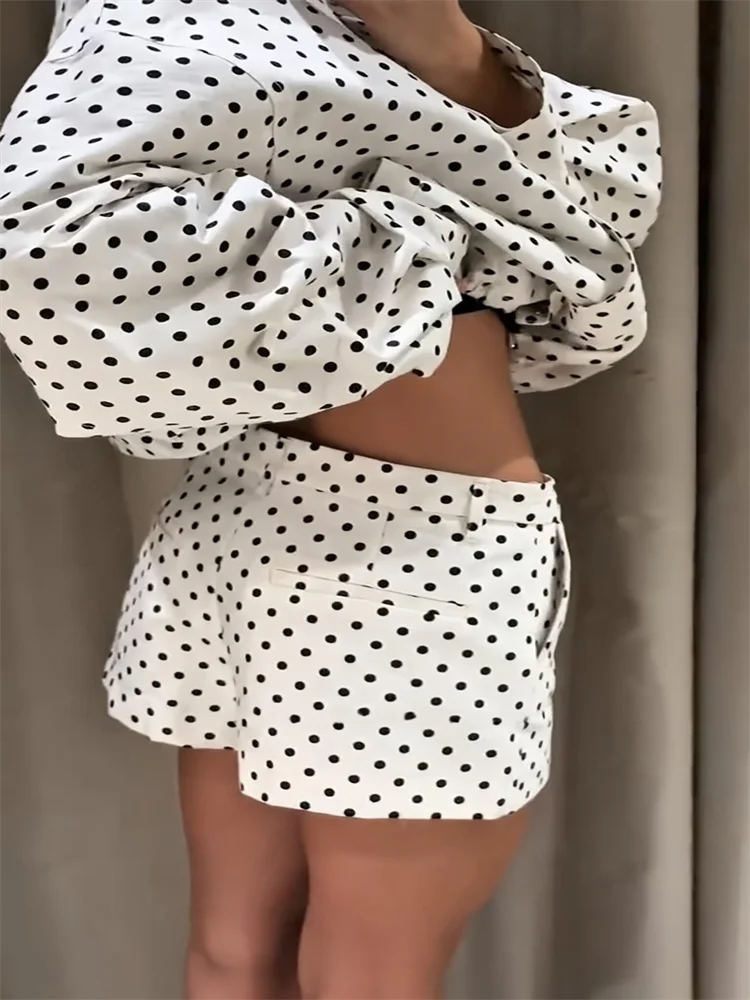 Loose Polka Dot Zipper Women's Shorts Set Stand Collar Patchwork Full Sleeve Pockets Jacket Tie Up Short Pant Suit Summer Outfit