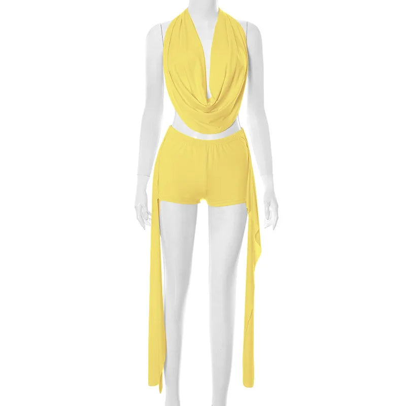 Joskaa 2025 Summer Beach Style 2 Piece Sets Women Sexy Backless Bandage Halter Tops and Ribbons Shorts Matching Vacation Outfits