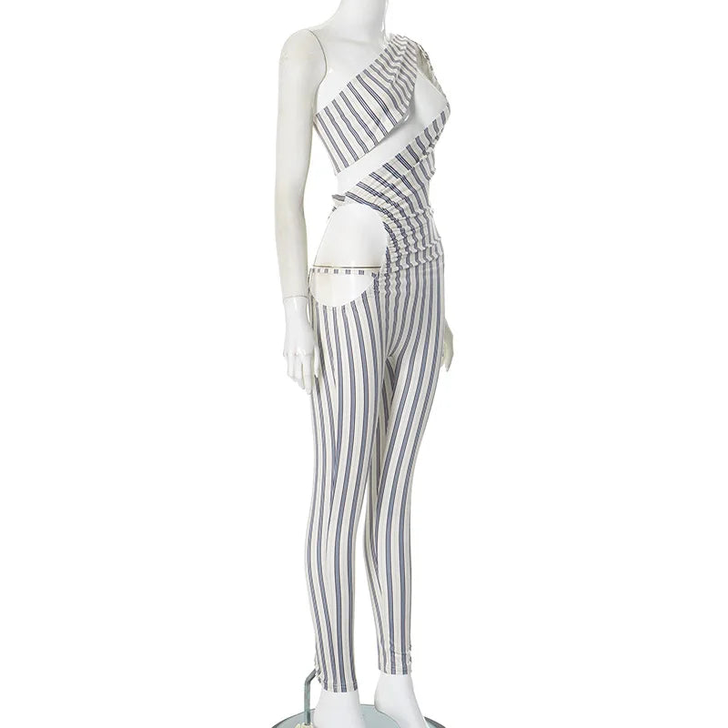 Joskaa Striped Print Cutout Jumpsuits Women Hipster Sexy Oblique Shoulder Backless Skinny One Piece Rompers Midnight Clubwear