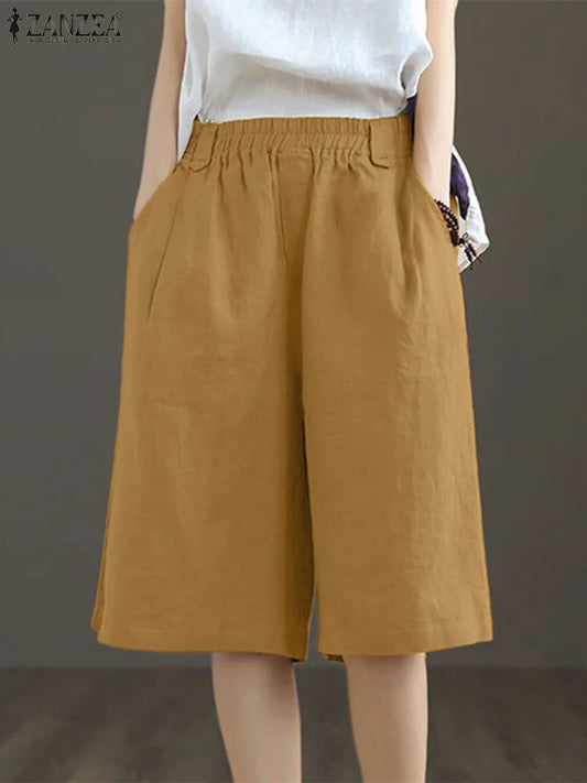 ZANZEA Woman Casual Mid-Length Shorts Elastic High Waist Loose Solid Wide Leg Pants 2025 Summer Holiday Comfort Weekend Shorts