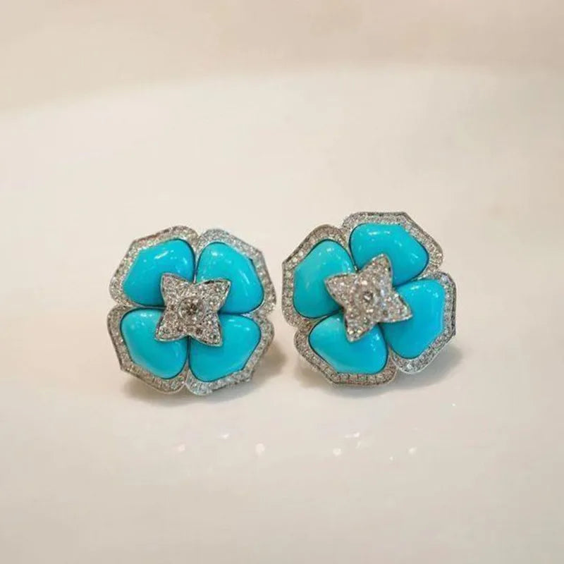 Luxury and fashionable turquoise earings stud with silver inlaid blue flower earrings for women classic wedding jewelry gift