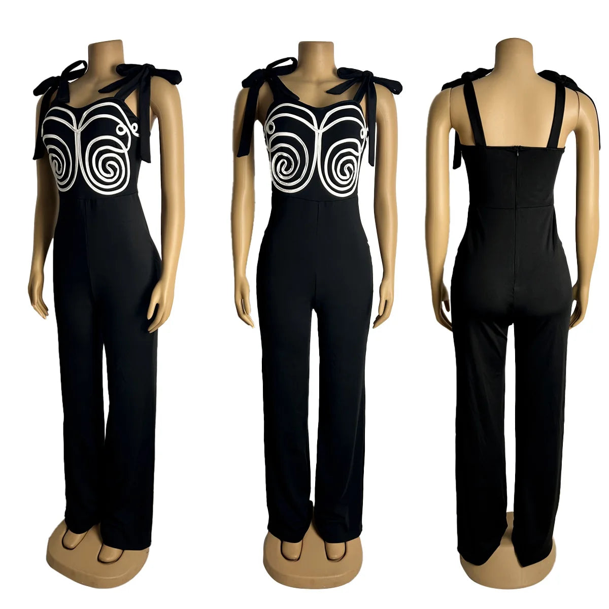 GLCMYAYA Women Geometric Applique Bowknot Shoulder Sleeveless Jumpsuits 2025 Summer Vacation One Piece Set Streetwear Outfits