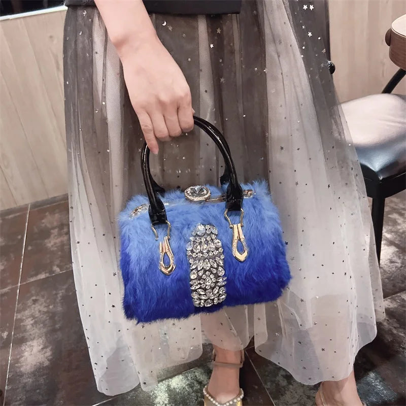 Original Designer Brand Rabbit Hair Bag New Fashion Leather Handcarry Shoulder Crossbody with Diamond Hair Bags for Women