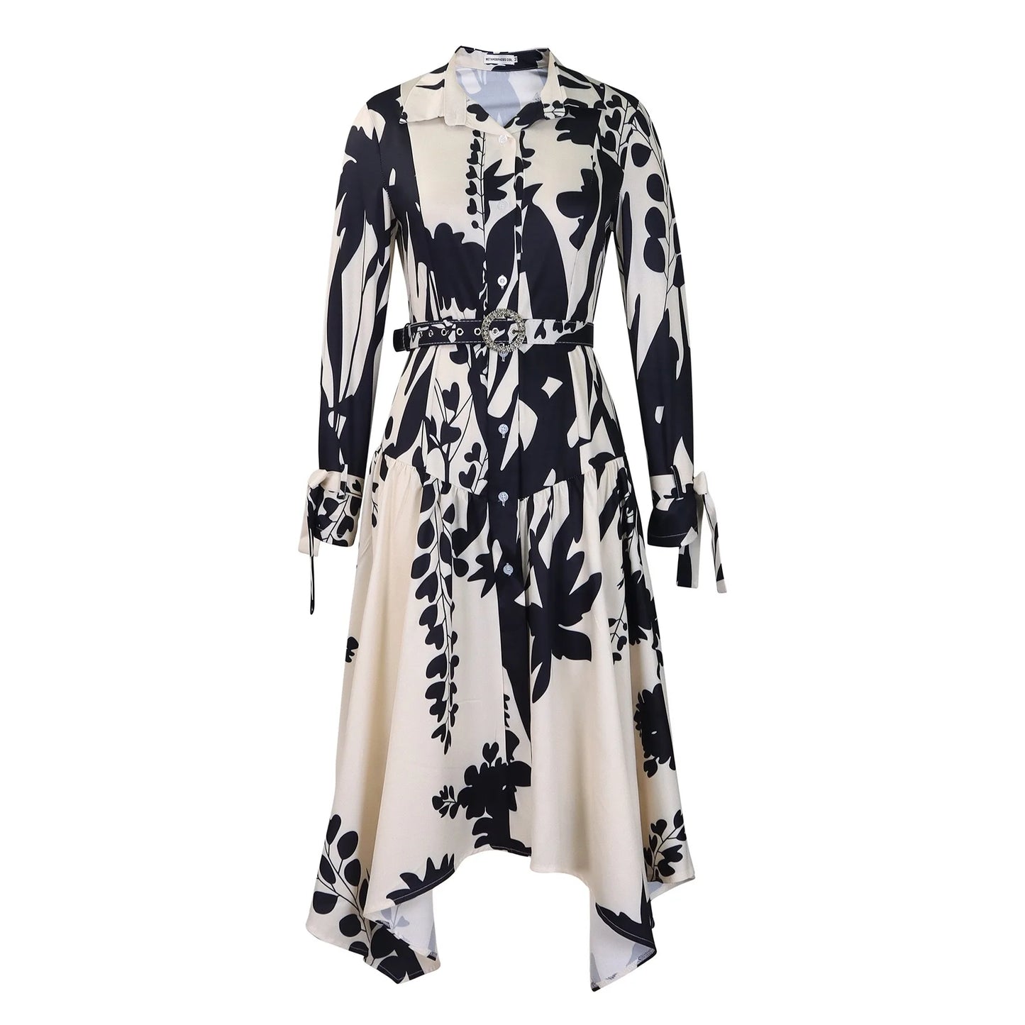 Elegant Printed Dresses Woman 2024 Turn Down Collar Single Breasted Full Sleeve Asymmetric Ankle Length Fashion Birthday Dress
