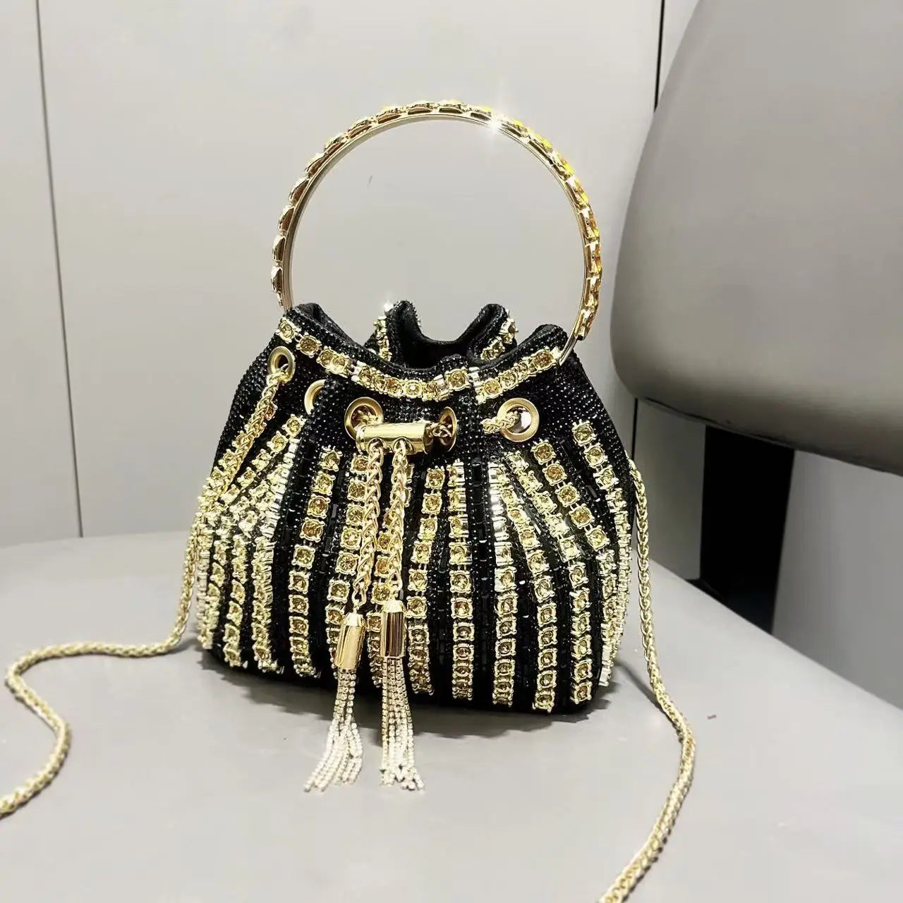 Crystal Shiny Diamonds Bucket Bag Fashion Women Handbag Metal Ring Handle Evening Bag Wedding Party Clutch Purse Crossbody Bag