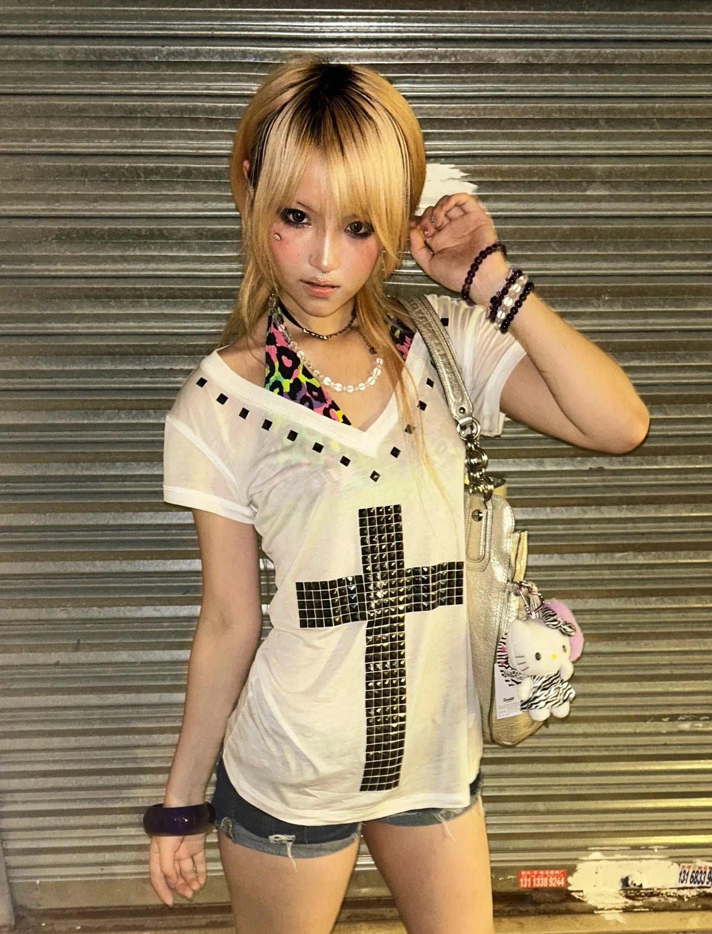 Karrram Japanese Y2k Metal Cross Print T-shirt Vintage Harajuku Short Sleeve Sheer Tops Trashy 2000s V-neck Streetwear Grunge
