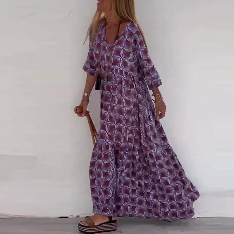 Office Women Seven Sleeve Casual 2025 Dress New Fashion High Waist Holiday Dresses 2025 Spring Summer V-neck Loose Robe Dress