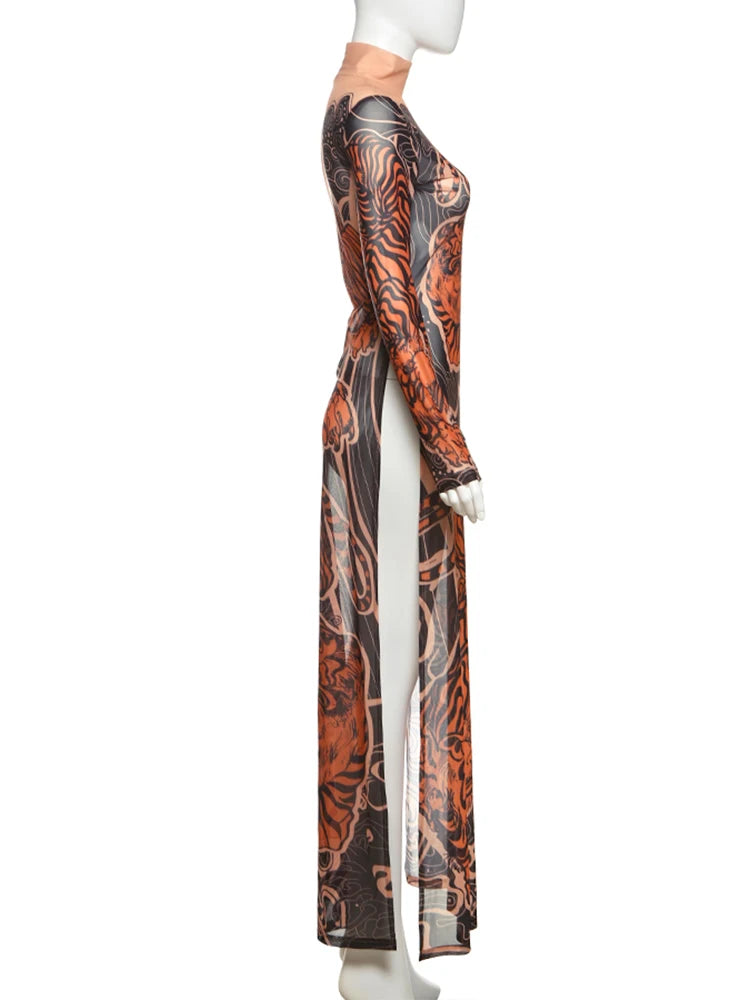 Weird Puss See Through T-Shirts Women Tiger Print Long Sleeve High Neck High Slits High Elastic Skinny Trend Street Hipster Tops