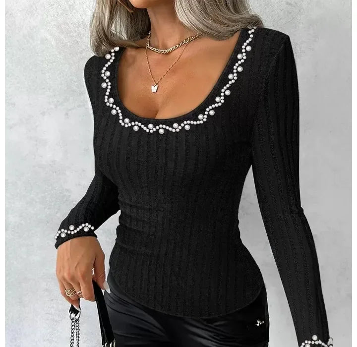 Fashion Woman Sexy Elegant Autumn Winter 2024 Pullover Beaded Scoop Neck Long Sleeve Ribbed Slim Fit T-Shirt Y2K Skinny Tops