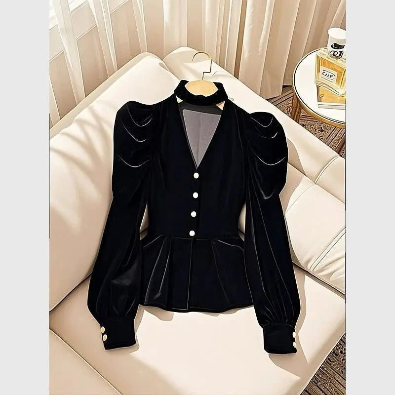 Black Velvet Long Sleeved Shirt for Women, 2025 Spring and Autumn New Top
