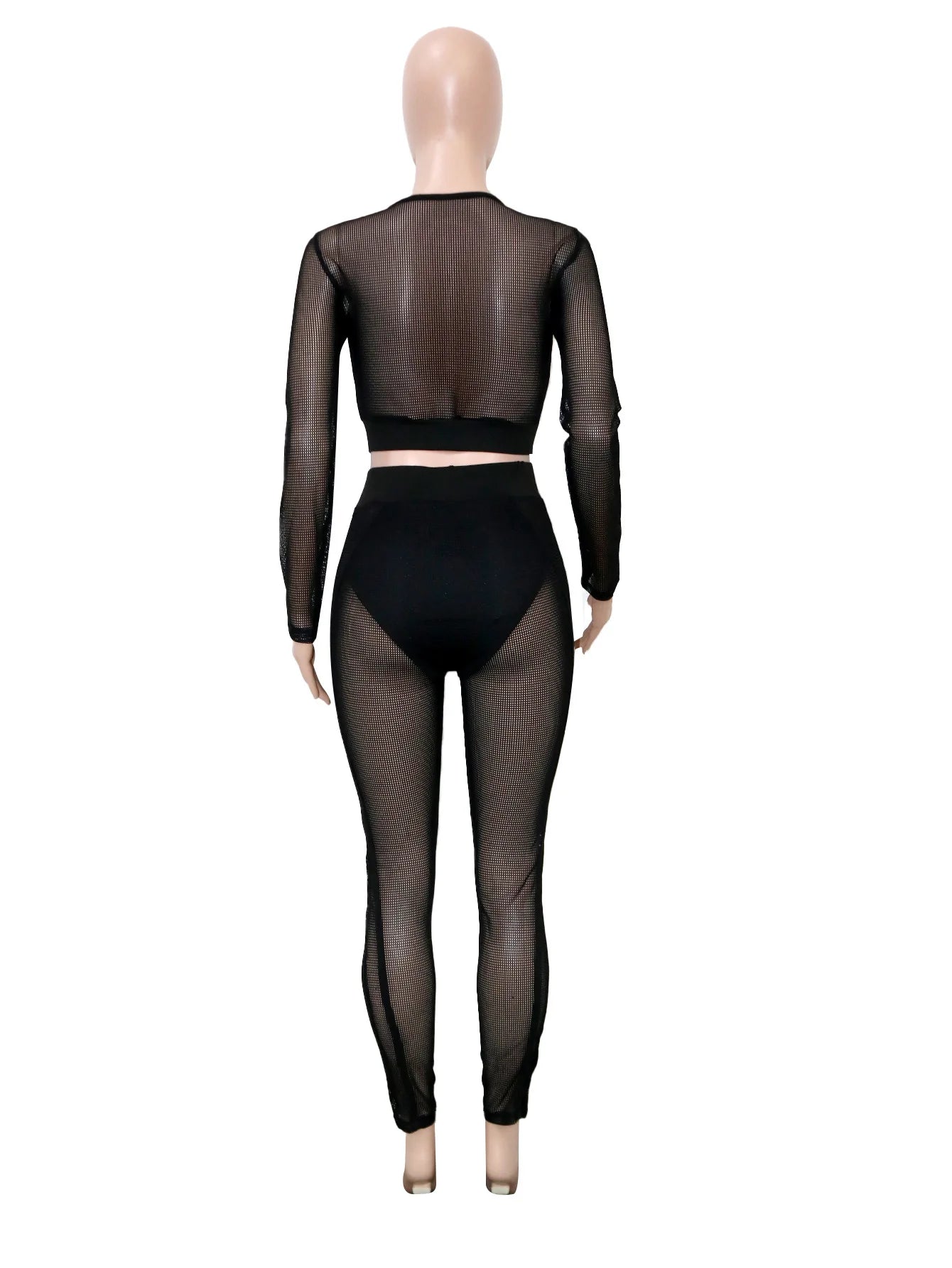 FAGADOER Sexy Hollow Out Bodycon 2 Pieces Set for Woman Mesh See Through Long Sleeves Tops + Leggings Matching Female Streetwear