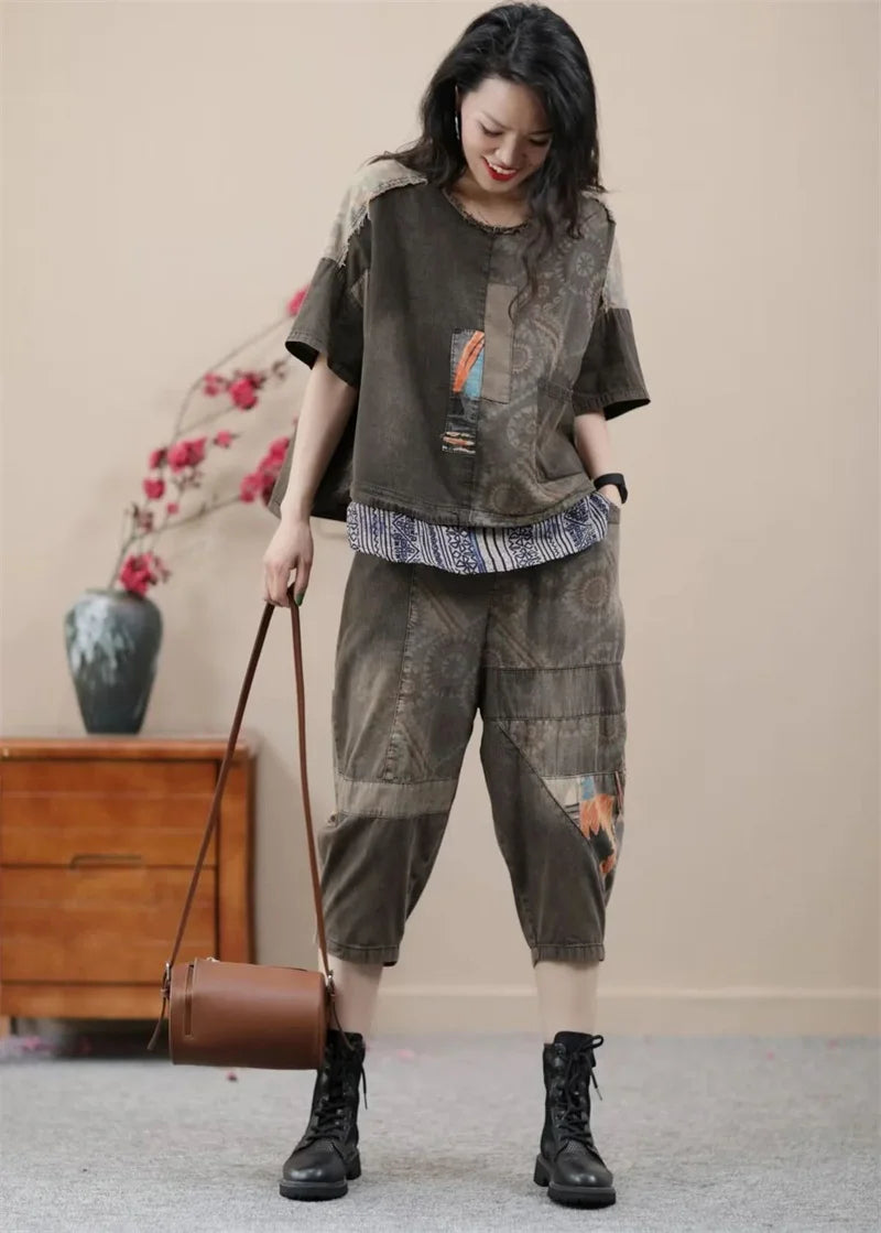 2024 Female Korean Ethnic Style Denim Harlan Pants Sets two-piece Women's Summer New Small Casual High-end Clothing Printing Set