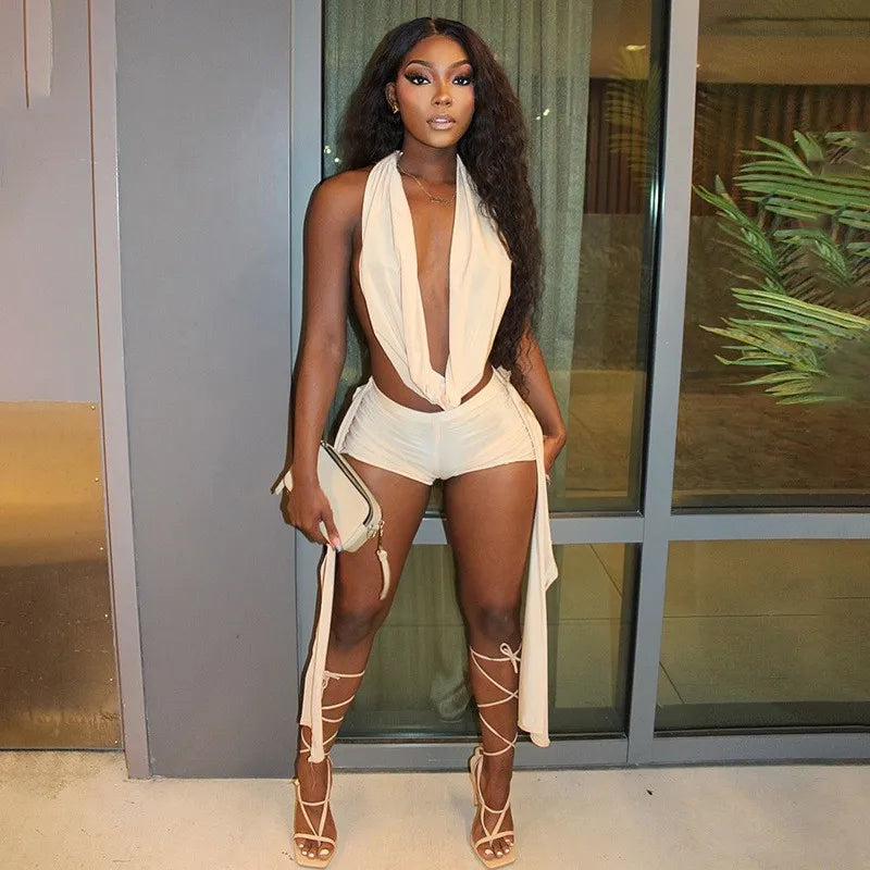 Joskaa 2025 Summer Beach Style 2 Piece Sets Women Sexy Backless Bandage Halter Tops and Ribbons Shorts Matching Vacation Outfits