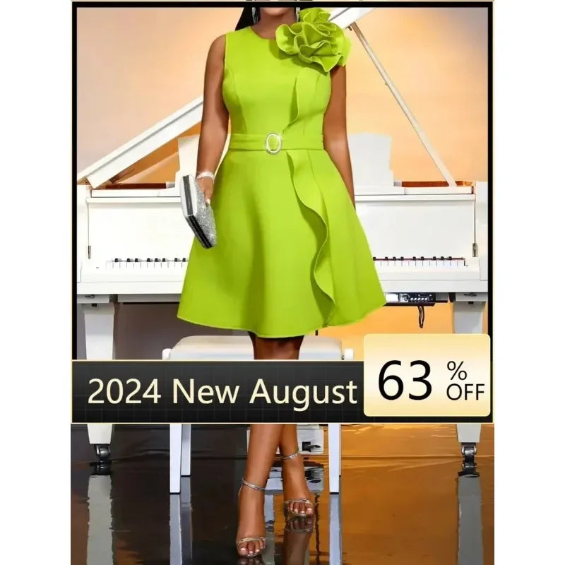 2025 New Women Sweet and Cute Green Party Evening Dress 3D Flower Sleeveless Knee Length Elegant Cocktail Celebration Robe