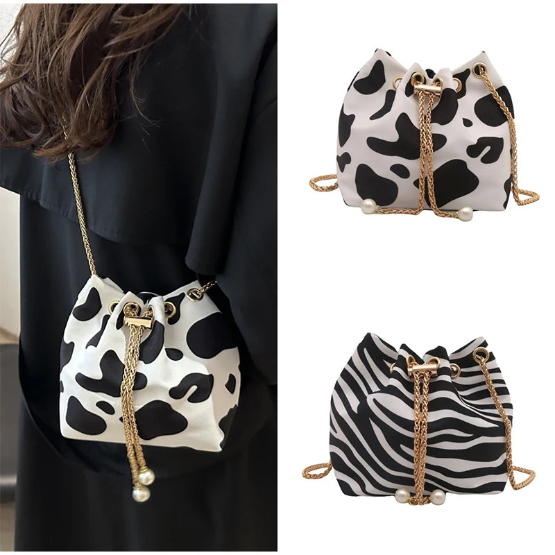 New Leopard Print Bag Fashion Cow Pattern Drawstring Bucket Bag Texture Brand Design Crossbody Bag Lady Versatile Storage Bag