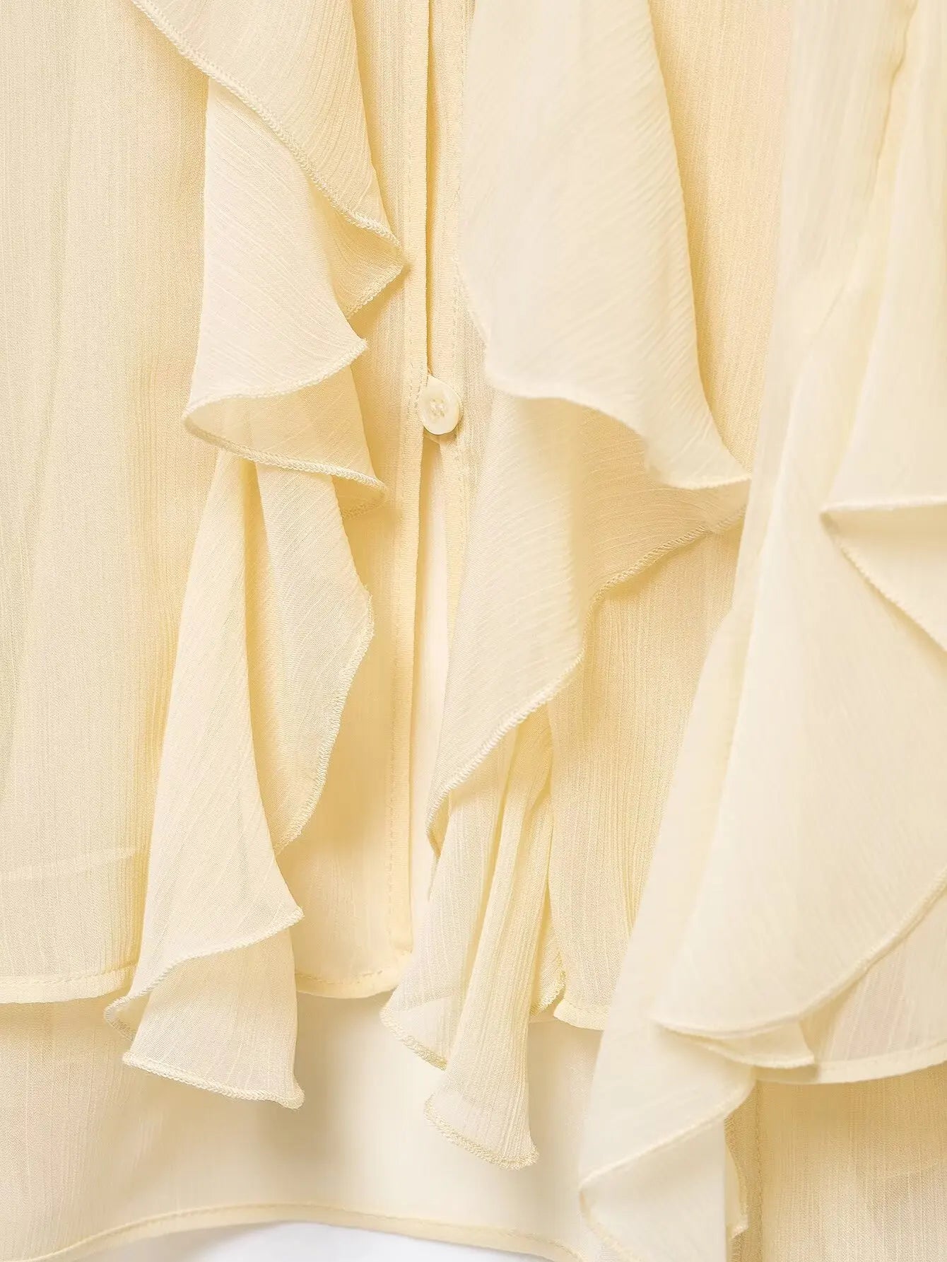 TRAFZA 2025 Women Elegant Solid Ruffles Blouse Spring Female V-Neck Long Sleeved Gauze Shirt Casual Hollow Out Lady Clothes