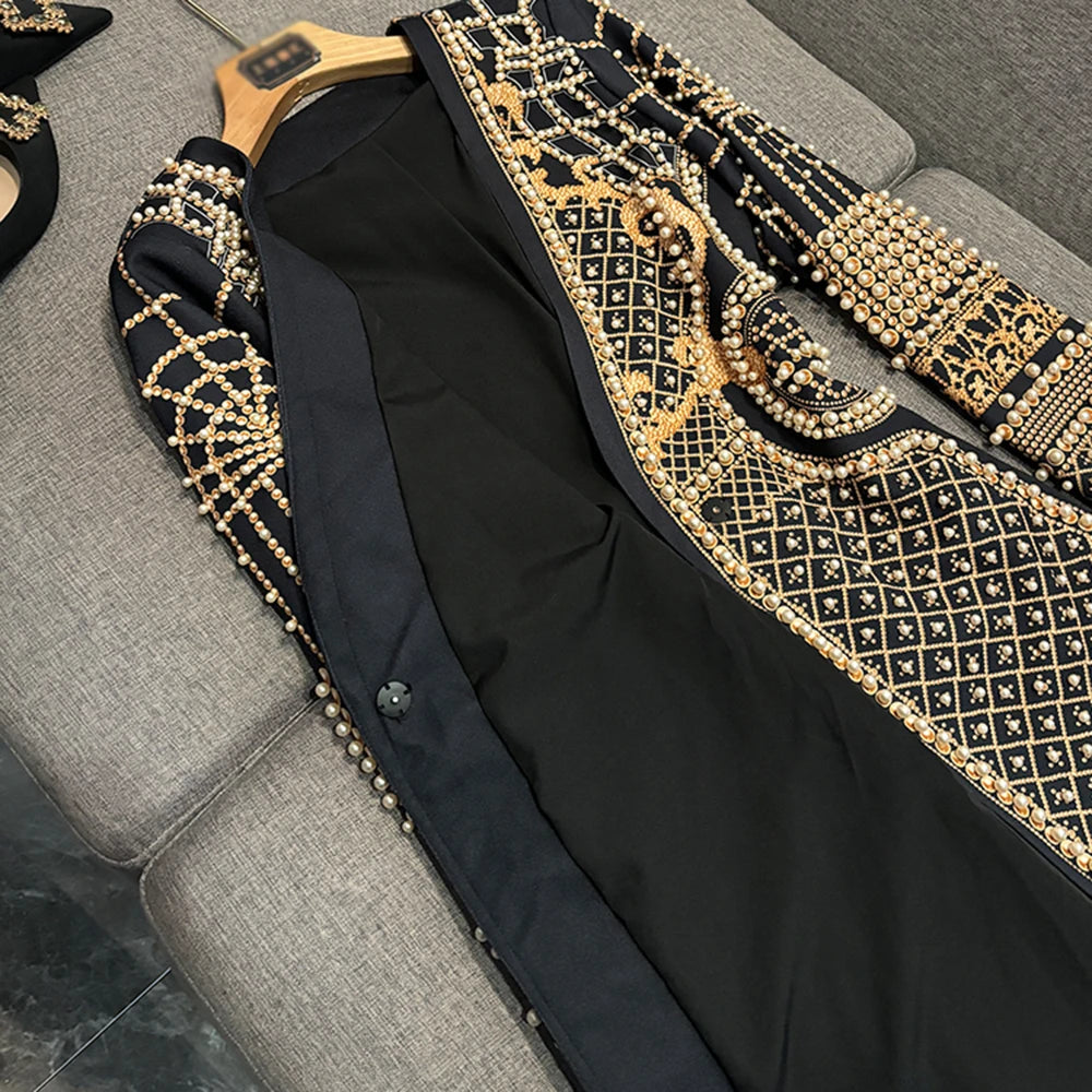 TWOTWINSTYLE Luxury Spliced Pearl Jackets For Women Deep V Neck Long Sleeve High Waist Temperament Jacket Female New KJA502566