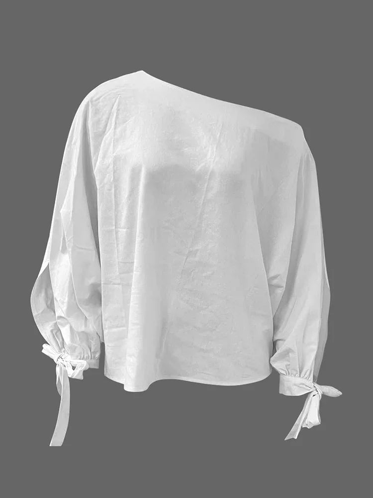 Beautyblue Elegant One-Shoulder Blouses&Shirts for Women Green Tops 2025 New Casual Loose Tied Asymmetric Fashion Female Clothes