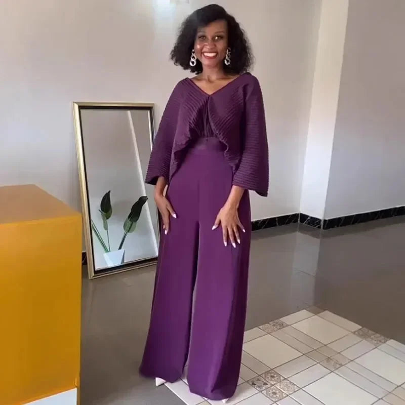 Pleated Blouse V Neck Full Sleeve and Wide Leg Pants Women Loose 2 Pieces Sets Elegant Office Ladies African Outfits 2025
