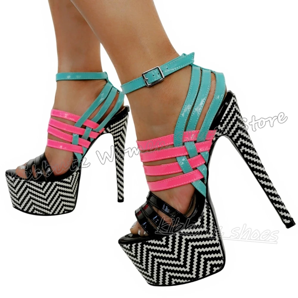 Striped Sandals Platform Round Toe Thin High Heels Mixed Color Leather Fashion Luxury Elegant Concise Sexy Hot Girls Shoes New