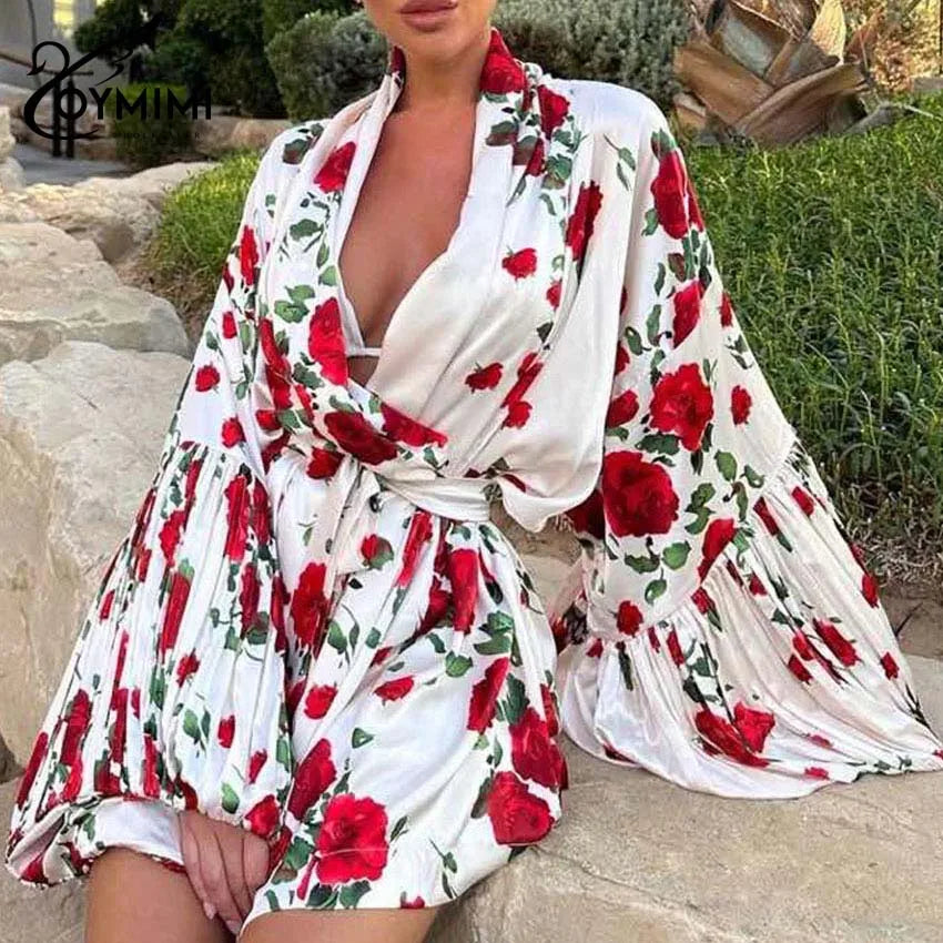 Oymimi Fashion Black Print Dresses 2025 Woman Elegant Deep V-Neck Lantern Sleeve Lace-Up Dresses Casual Loose Mini Dress Female