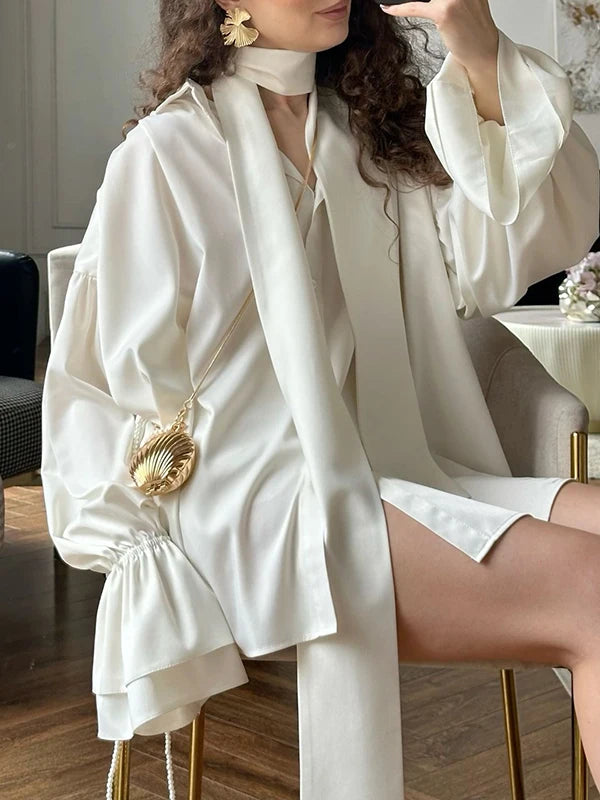Womens Elegant Blouses & Shirts 2025 Spring Summer Solid Layered Flared Long Sleeves Female Chic Tied Tops Blouse