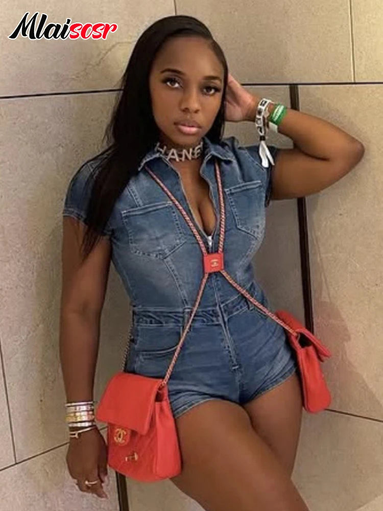 Mlaiscsr Women Casual Street Denim Short Sleeve Playsuits Lapel Party Jeans Slim Shorts Jumpsuits Bodysuits Vintage Rompers