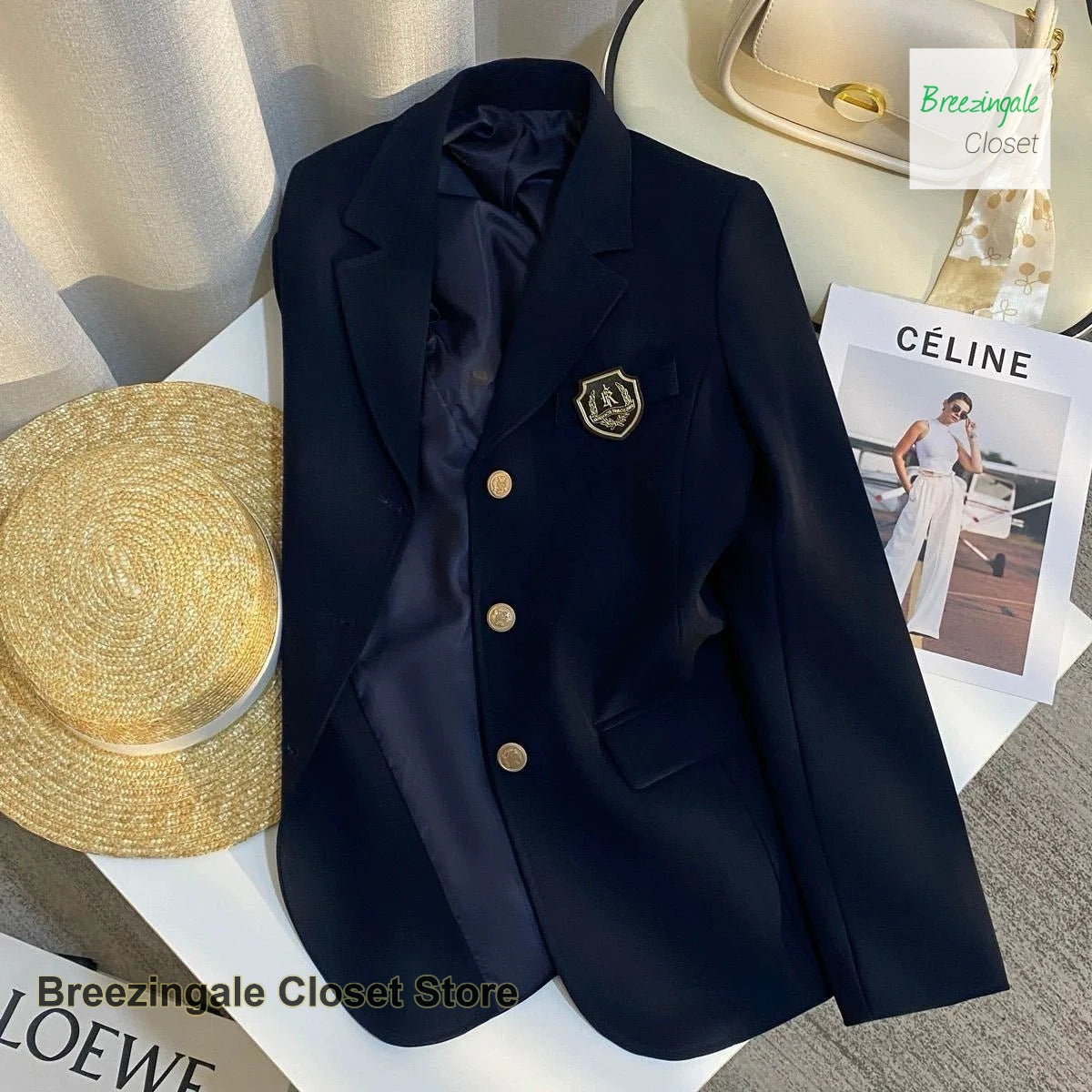 Korean navy blue design sense college wind suit jacket women's spring and autumn new fashion temperament popular top.
