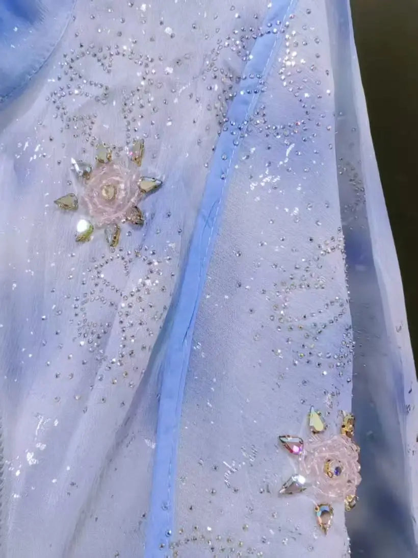 Blue Embellished Hooded Zipper Lightweight Shirt for Women