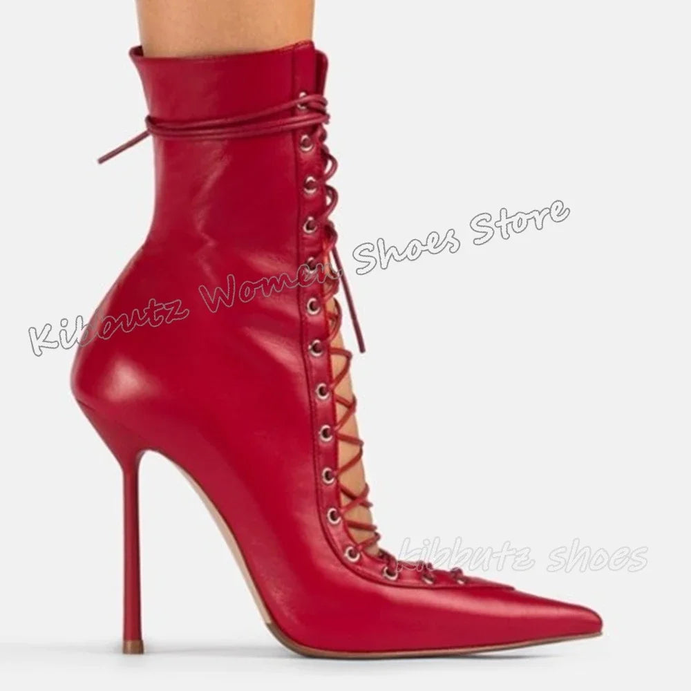 Lace-Up Sandal Ankle Boots Mesh Leather Solid Color Fashion Elegant Luxury Concise Sexy Party Dress Women Shoes New Pointy Heels