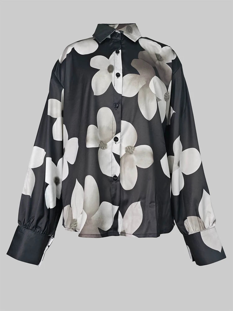 Beauty Blue Women's Elegant Blouses&shirts Floral Printed Tops Casual Long Sleeves Button Chic Loose Female Lapel Office Shirts