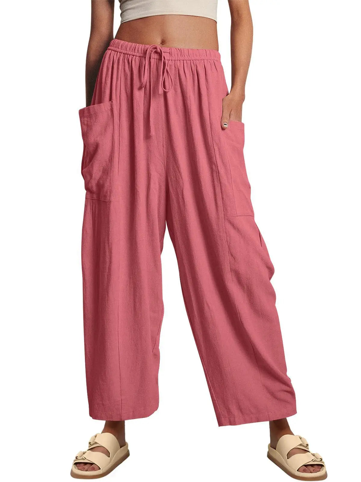 Loose Wide Leg Pants Women's Clothing Elastic Waist Pleated High Waist Casual Cotton Linen Solid Color Trousers Pants