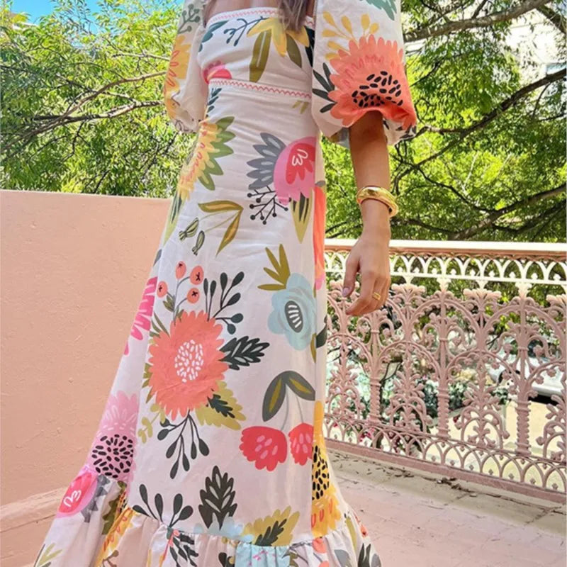 Summer Dress Elegant Women Flower Printed Maxi Dress High Waisted Short Sleeve Square Collar 2025 Summer Fashion Holiday Dresses