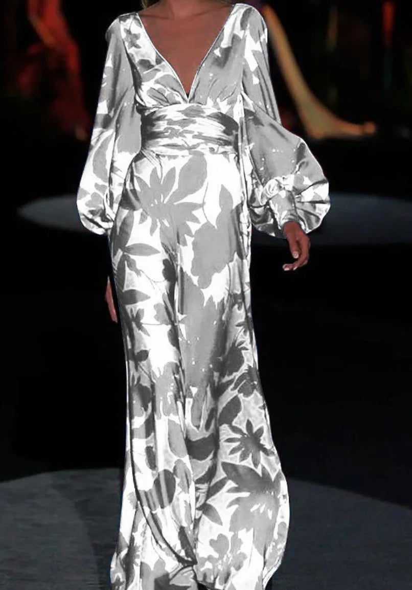 Printed Dress For Women V-neck Sexy High Waist Lantern Sleeve Ladies Fashionable Vestidos Autumn New Long Evening Dresses