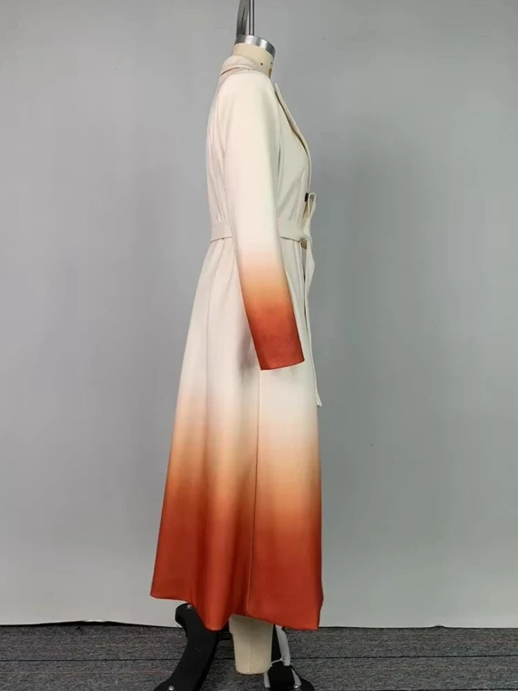 Beautyblue Fashion Women Gradient Outerwear Long Blazer Elegant Loose Tied Waist Buttoned A-Line Woolen Coat for Office Commute