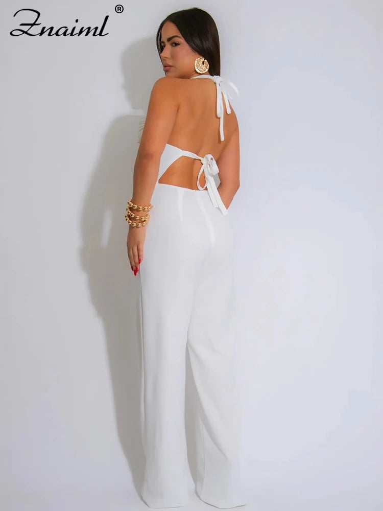 Znaiml Elegant Long Jumpsuits for Women Summer Sleeveless Halter Lace Up Backless Bandage Wide Leg Pants Rompers One Pieces 2025