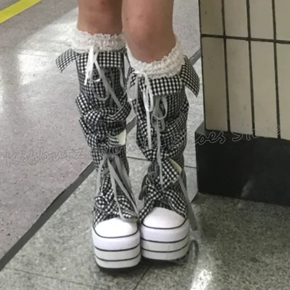 Checkered Canvas Boots Knee High Platform Lace-Up Mixed Color Fashion Elegant Luxury Novelty Women Shoes Round Toe Thick Bottom