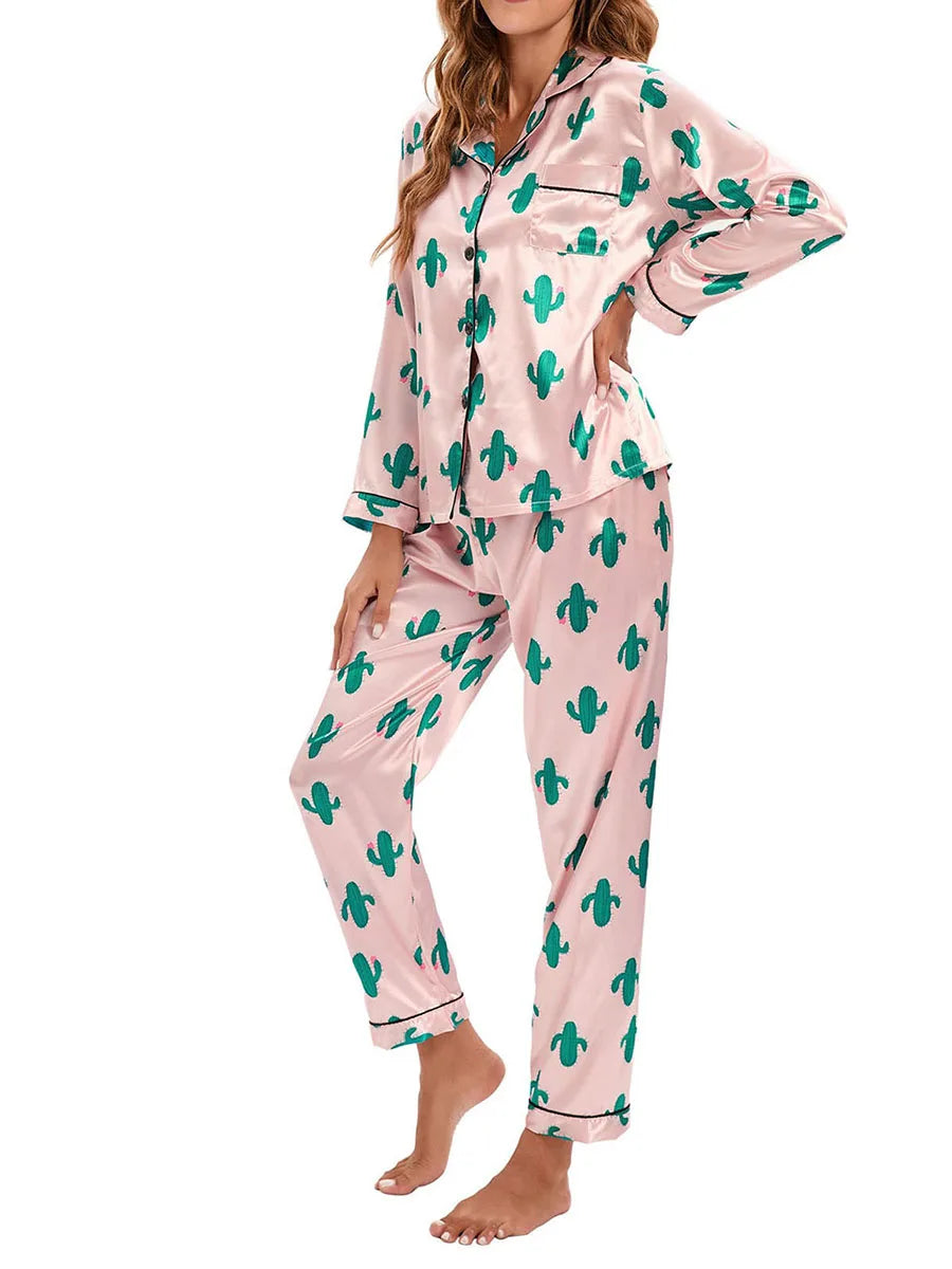 Women 2 Pieces Satin Pajamas Set Spring Autumn Long Sleeve Button Up Shirt and Casual Loose Elastic Pants Sleepwear Loungewear