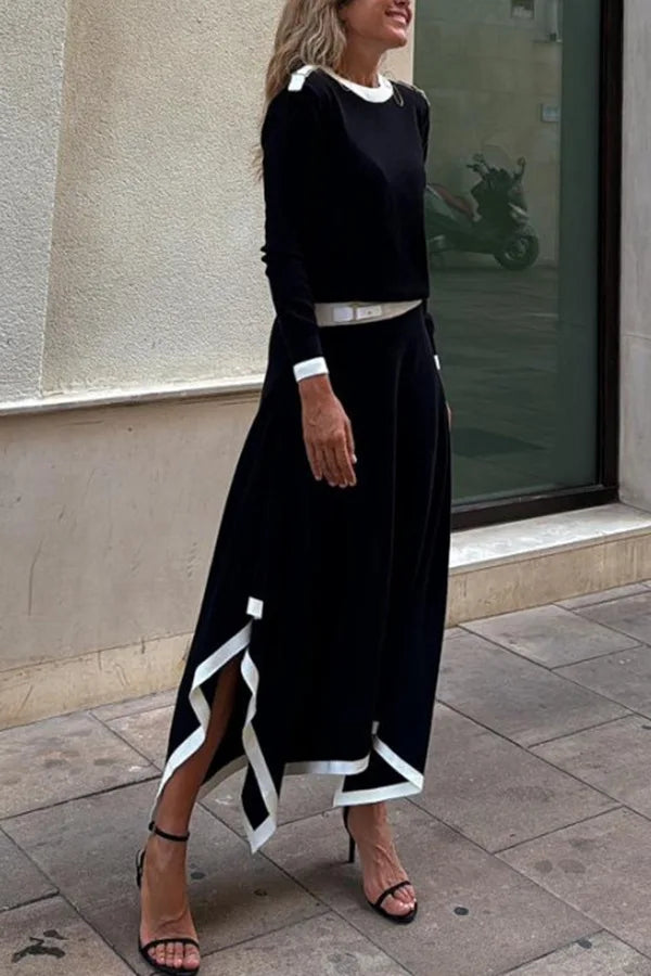 Women Casual Long Sleeve 2Pc Set Fashion Color Blocked Loose 2Pc Outfits Elegant O-neck Pullover Top & lrregular Long Skirt Suit
