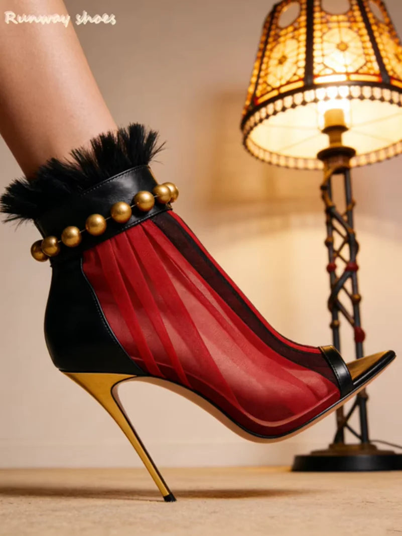 Pointed Toe Mesh Red Color Blocked High Heels for Women