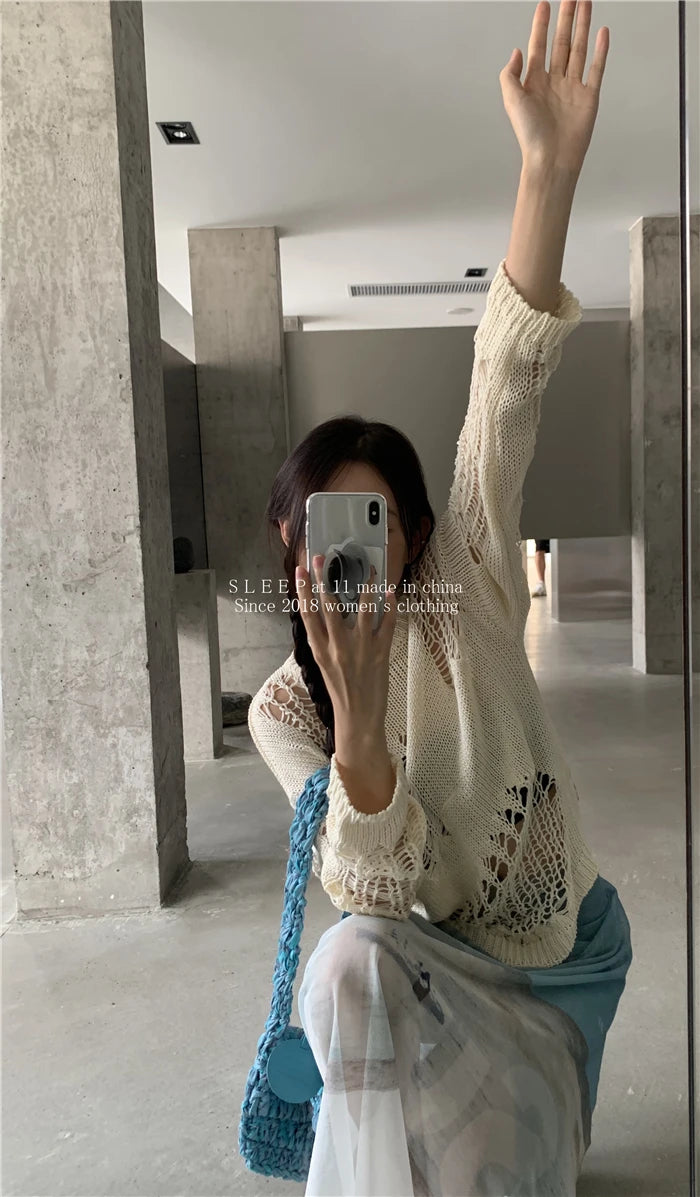 Karrram Gothic Hollow Out Sweater Hole See Through Oversized Knitted Pullovers Emo Streetwear Grunge Clothes Y2k Tops Spring