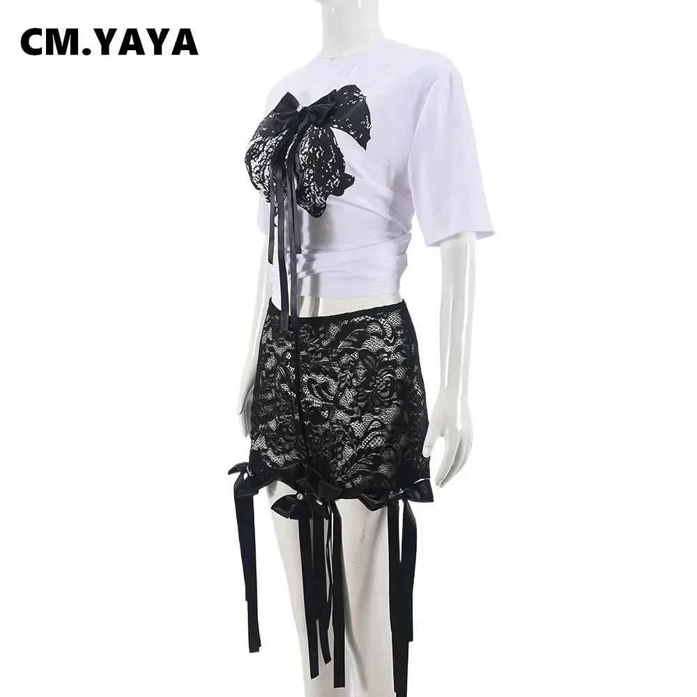 CM.YAYA Women's Set Bow O-Neck short sleeve Tops and lace Shorts Suits Streetwear Casual Two 2 Piece Outfits Tracksuits Summer